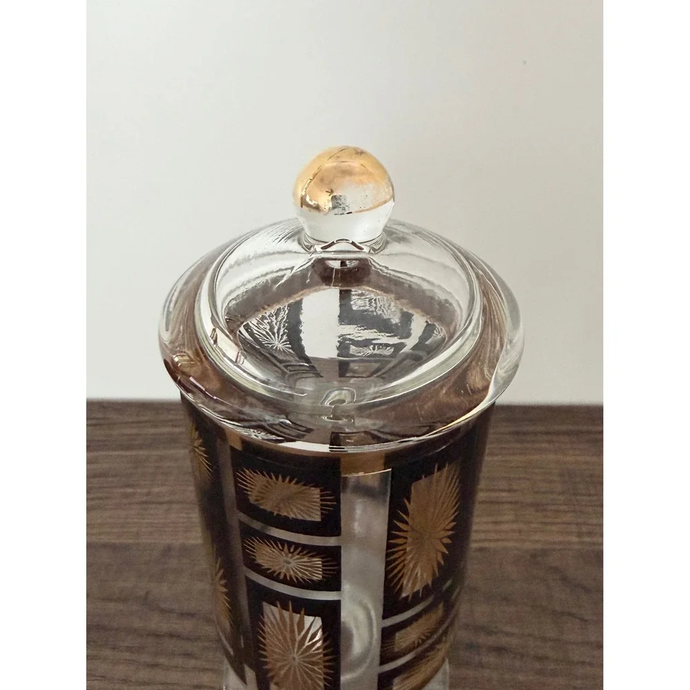 Vintage MCM Jeannette Glass Atomic Starburst Lidded Apothecary Jar Black Gold